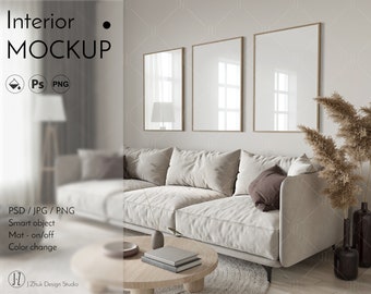 Frame mockup, Interior mockup, Poster Mockup, Living room mockup,  Boho interior mockup, Scandinavian, Side view, Glass Reflaction, Gallery