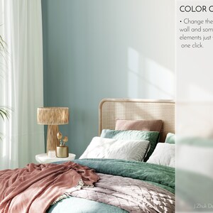 May include: A bedroom with a bed with a woven headboard, a green and pink duvet, and a pink throw blanket. A wicker lamp with a woven shade sits on a white side table. The wall is painted a light blue-green color. The text "COLOR Change" is visible in the upper right corner of the image. The text "Change the color of wall and some interior elements just with one click." is visible below the text "COLOR Change". The text "J.Zhuk Design Studio" is visible in the lower right corner of the image.