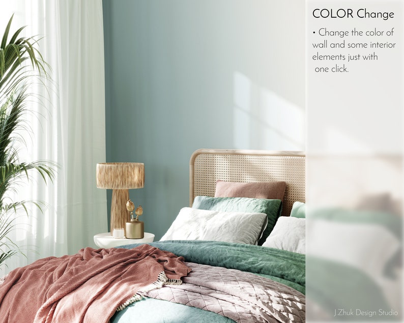 May include: A bedroom with a bed with a woven headboard, a green and pink duvet, and a pink throw blanket. A wicker lamp with a woven shade sits on a white side table. The wall is painted a light blue-green color. The text "COLOR Change" is visible in the upper right corner of the image. The text "Change the color of wall and some interior elements just with one click." is visible below the text "COLOR Change". The text "J.Zhuk Design Studio" is visible in the lower right corner of the image.