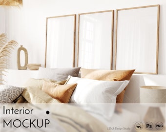 Frame mockup, Three frames mock up, Interior mockup, Boho interior, Summer stile interior mockup, Color change, Glass reflection, PSD