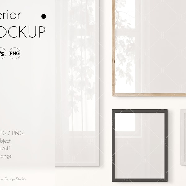 Frame mockup on white wall, Color change, Editable mock up, Glass reflection, white, wooden, black frame, Smart object, PSD, PNG, JPG