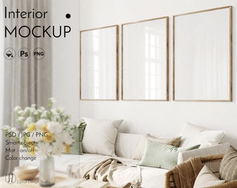 Frame mockup, Three frames mock up, Interior mockup, Mockup frame, Color change, Glass reflection, Editable mockup, Smart object, PSD