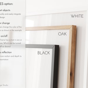 May include: Three different frame options for artwork: white, oak, and black. The frames are shown against a white wall. The text "FRAMES option:" is at the top of the image. The text "WHITE", "OAK", and "BLACK" are shown on the frames.