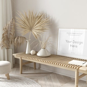 Maquete de moldura horizontal, Maquete de interior realista, Maquete de moldura, Maquete de interior bege, Interior moderno de meados do século, PSD, Reflexão de moldura