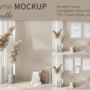 Puede incluir: Una maqueta de un conjunto de marcos con marcos móviles y colores de marcos cambiables. Los marcos están en un salón con una pared blanca, cortinas blancas y hierba de la pampa seca en jarrones. El texto "Frame Mockup Bundle" está en la parte superior de la imagen. El texto "Movable Frames Changeable Frame Colors PSD + Smart object, JPG" está en la parte superior derecha de la imagen. El texto "Your Design Here" está en dos marcos en la pared. El texto "FRAME NO" está en un marco en la pared. El texto "FRAME NO" está en un marco en la pared. El texto "www.etsy.com/shop/JZhukDesignStudio" está en la parte inferior de la imagen.