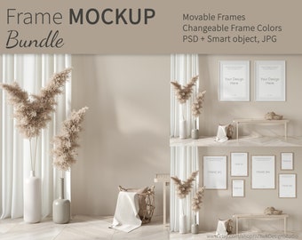 May include: A mockup of a frame bundle with movable frames and changeable frame colors. The frames are in a living room setting with a white wall, white curtains, and dried pampas grass in vases. The text "Frame Mockup Bundle" is at the top of the image. The text "Movable Frames Changeable Frame Colors PSD + Smart object, JPG" is at the top right of the image. The text "Your Design Here" is in two frames on the wall. The text "FRAME NO" is in a frame on the wall. The text "FRAME NO" is in a frame on the wall. The text "www.etsy.com/shop/JZhukDesignStudio" is at the bottom of the image.
