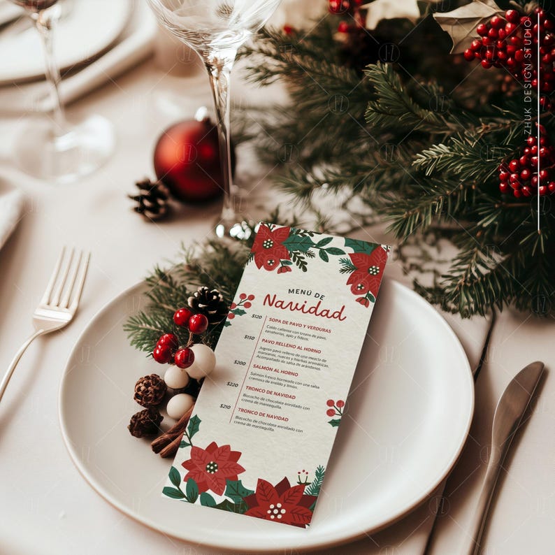 May include: A Christmas menu with a festive design featuring poinsettia flowers and holly berries. The menu lists the following items: Sopa de Pavo y Verduras, Pavo Relleno al Horno, Salmon al Horno, Tronco de Navidad, Tronco de Navidad.