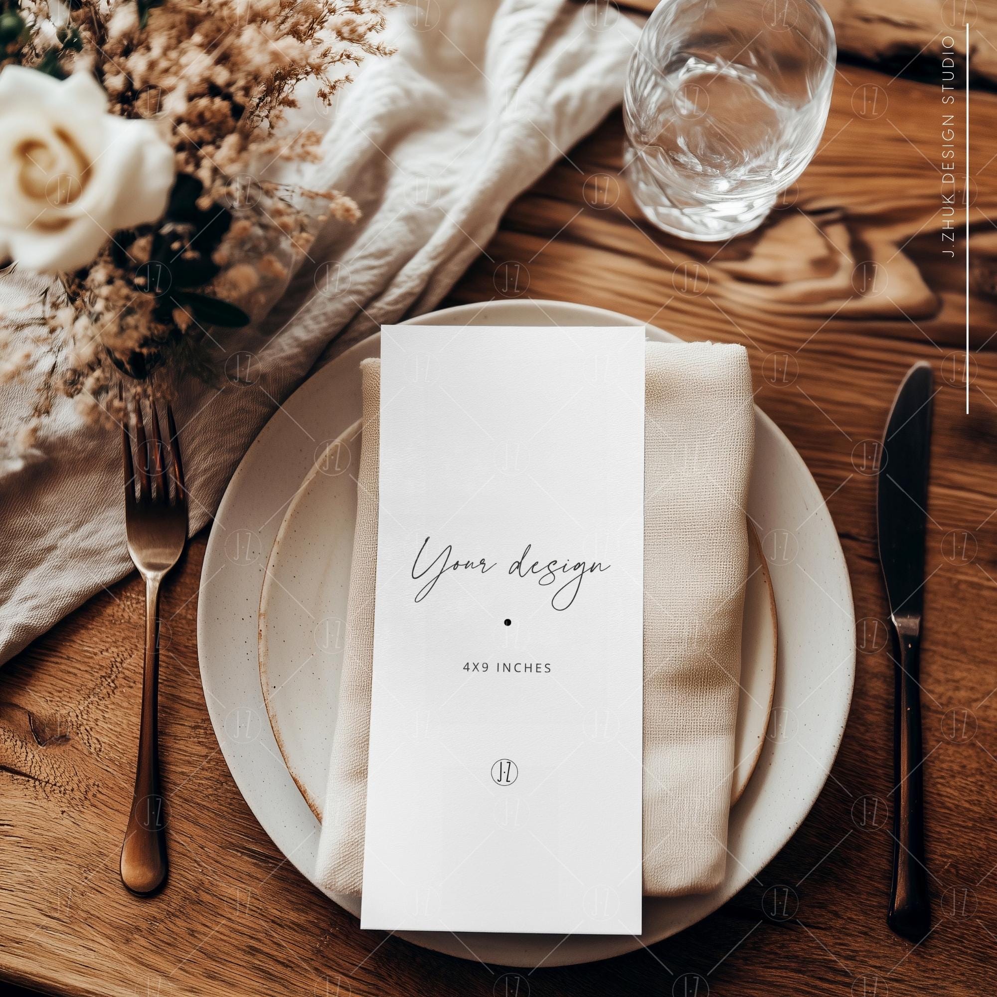 4x9 Menu Mockup – Elegant Table Setting With Flowers – Perfect for