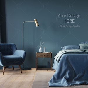 Interior mockup, Bedroom interior in blue color, Mock up, art interior mockup, JPG