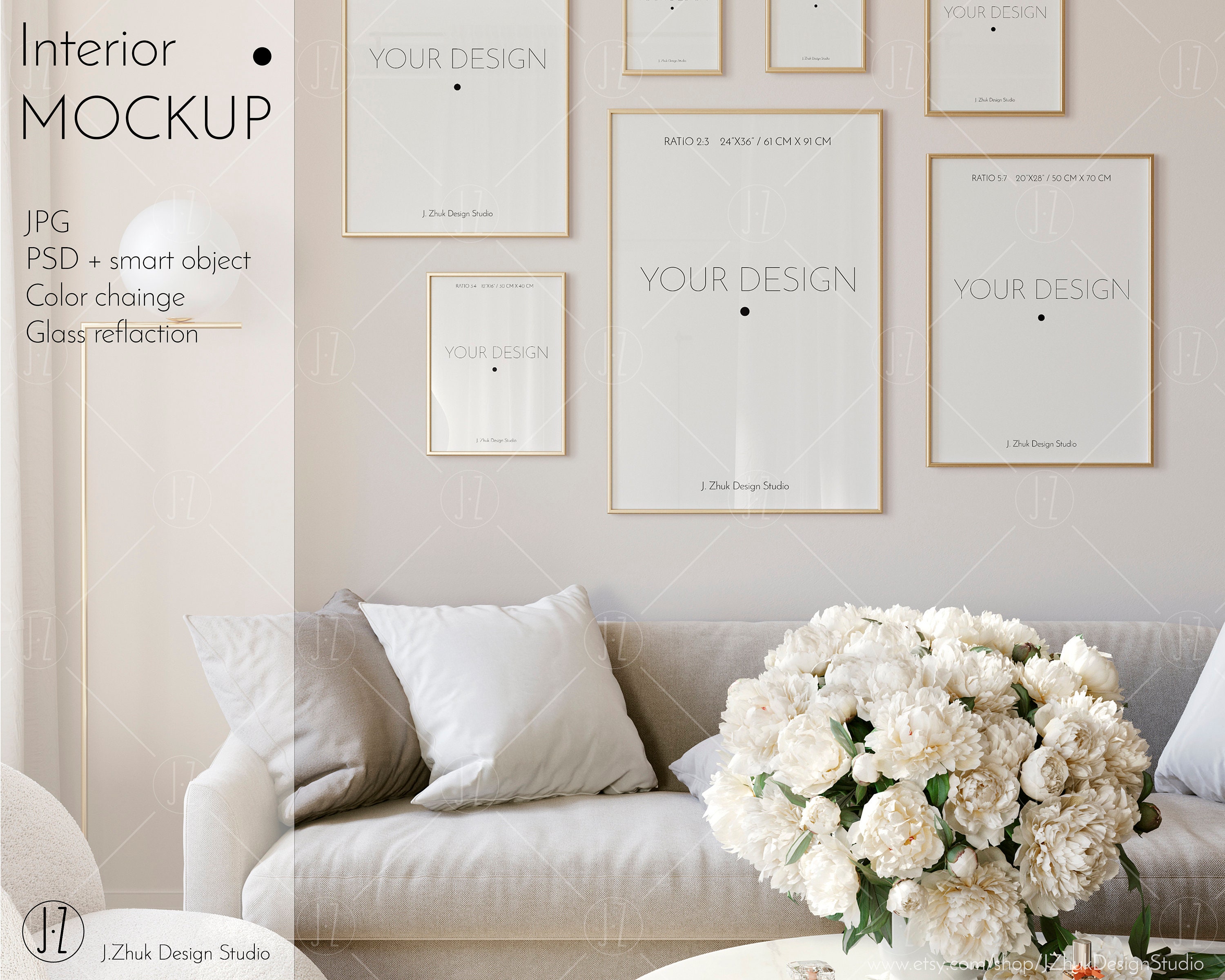 Gallery Wall Mockup, Interior mockup, Mid century modern, Frame mockup, Frame gallery Poster Mockup, Beige, Glass Reflection, PSD