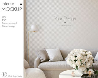 Wall Mockup, wallpaper mockup, realistic interior mockup, transparent wall mockup, empty wall, Mid century modern, Beige, PSD