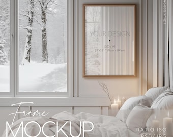 One frame mockup, Winter bedroom interior mockup design, Poster mockup, ISO, Glass reflection, PSD, JPG