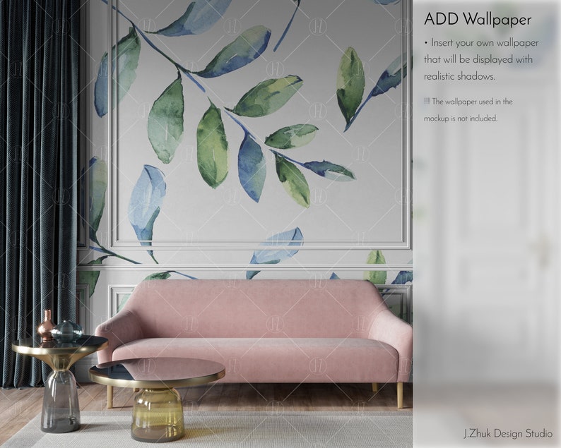 May include: A mockup of a living room with a pink sofa, two gold and glass coffee tables, and a teal blue curtain. The wall behind the sofa features a white background with a watercolor design of blue and green leaves. The text "ADD Wallpaper" is displayed in the upper right corner of the image. The text below the title reads "Insert your own wallpaper that will be displayed with realistic shadows. The wallpaper used in the mockup is not included."