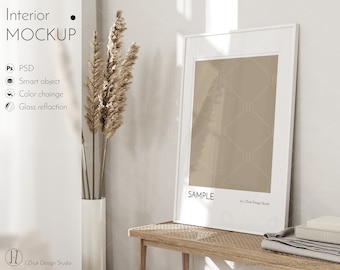 Interior Frame mockup, Realistic Interior mockup, Vertical frame mockup, Beige interior mockup, Mid-century modern, PSD, Glass reflection