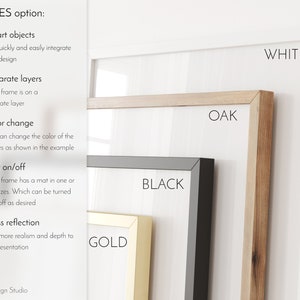 May include: Illustration of four different frame options for artwork: white, oak, black, and gold. The text "FRAMES option:" is at the top of the image. The text "Smart objects", "Separate layers", "Color change", "Mat on/off", and "Glass reflection" are listed with icons to the left of each text.