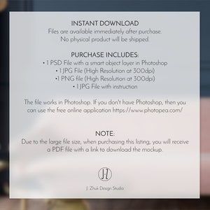May include: A white sheet of paper with black text describing the digital files included in a purchase. The text includes "INSTANT DOWNLOAD", "PURCHASE INCLUDES", and "NOTE". The text also includes a website address: https://www.photopea.com/.