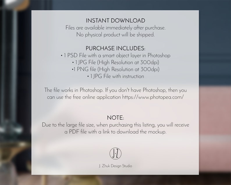 May include: A white sheet of paper with black text describing the digital files included in a purchase. The text includes "INSTANT DOWNLOAD", "PURCHASE INCLUDES", and "NOTE". The text also includes a website address: https://www.photopea.com/.