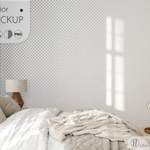 Wall mockup, Boho bedroom mockup, Interior mockup, Color change, Transparent wall, Add your wallpaper, PSD, PNG, JPG