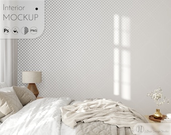 Wall mockup, Boho bedroom mockup, Interior mockup, Color change, Transparent wall, Add your wallpaper, PSD, PNG, JPG
