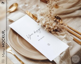 Wedding menu mock up modern minimal, Dinner menu mockup, Wedding stationary mockup, Neutral tones, 4x9, PSD