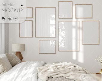 Gallery wall mockup, Frame mockup, Interior mockup, Light bedroom, Color change, Glass reflection, PSD, PNG