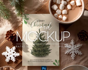 Christmas Invitation Mockup PSD, Xmas Greeting Card Mockup 5x7, Bohemian New Year Invitation Cozy Card Mockup, Postcard Holiday Mockup