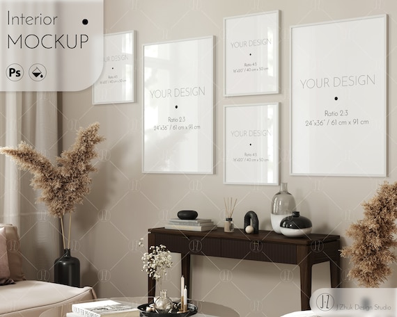 Frame gallery mockup, frame mockup, interior mock up, color change, editable mockup, banner mockup, side view, PSD