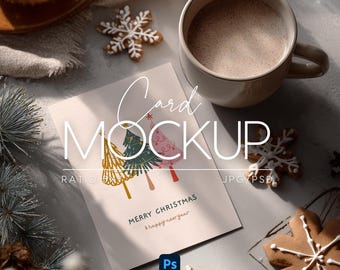 Christmas Invitation Mockup PSD, Xmas Greeting Card Mockup 5x7, Bohemian New Year Invitation Cozy Card Mockup, Postcard Holiday Mockup