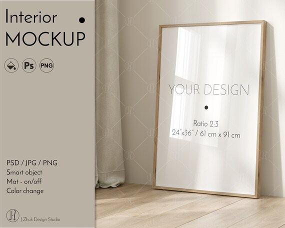 One frame mockup,Interior mockup, Color change, Editable mock up, Glass reflection, white wooden black frame, Smart object,  PSD, PNG, JPG
