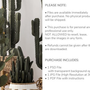 May include: A digital download of a set of cactus illustrations. The image shows a variety of cacti in a white pot with a woven base. The text on the image reads "PLEASE NOTE: Files are available immediately after purchase. No physical product will be shipped. This purchase is for personal and professional use only. NOT ALLOWED to resell, lease, loan the images in any form. Refunds cannot be given after the files are downloaded. PURCHASE INCLUDES: 1 PSD File with transparent background option 1 JPG File (High Resolution at 300dpi) 1 PDF File with instructions"