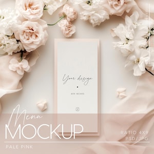 Maqueta de menú de boda de 4x9: diseño romántico con flores rosas y velo suave. Archivo editable de Photoshop, PSD, JPG.