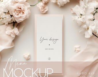 4x9 Wedding Menu Mockup – Romantic Design with Pink Flowers and Soft Veil, Editable Photoshop file, PSD, JPG