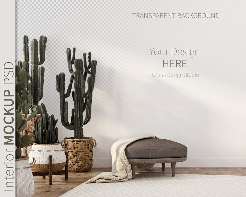 May include: A white wall with a brown ottoman and a throw blanket. Three potted cactus plants are in the foreground. The text "Your Design HERE" and "J.Zhuk Design Studio" is on the wall.