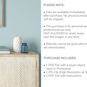 May include: A wooden cabinet with a geometric design on the doors. The cabinet is light brown with white accents. The cabinet is sitting on a table with a vase and a glass bottle on top. The text on the right side of the image reads "PLEASE NOTE: Files are available immediately after purchase. No physical product will be shipped. This purchase is for personal and professional use only. NOT ALLOWED to resell, lease, loan the images in any form. Refunds cannot be given after the files are downloaded. PURCHASE INCLUDES: 1 PSD File with a smart object layer in Photoshop 1 JPG File (High Resolution at 300dpi) 1 PDF File with instructions"