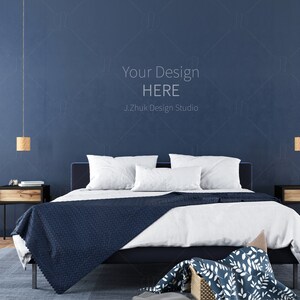 Bedroom interior Mockup, Empty Wall mockup, Minimalist mockup, Interior frame, wall mockup, Blue Interior, Contemporary interior
