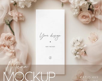 4x9 Wedding Menu Mockup – Romantic Design with Pink Flowers, Photoshop file with Smart Objects, invitation, PSD, JPG