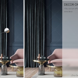 May include: A living room interior design mockup with a pink armchair, two side tables with gold bases and glass tops, a floor lamp with a round mirror, and dark green velvet curtains. The walls are a dark blue with white trim.