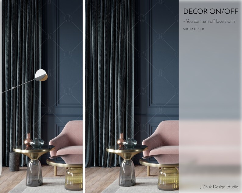 May include: A living room interior design mockup with a pink armchair, two side tables with gold bases and glass tops, a floor lamp with a round mirror, and dark green velvet curtains. The walls are a dark blue with white trim.