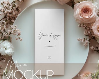 4x9 Wedding Menu Mockup – Elegant Plate with Pink and White Flowers, file with Smart Objects, Perfect for wedding menus and event branding