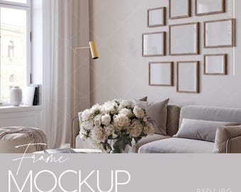 Gallery Wall Mockup, Interior mockup, Mid century modern, Frame mockup, Poster Mockup, Beige, Glass Reflection,  PSD, JPG