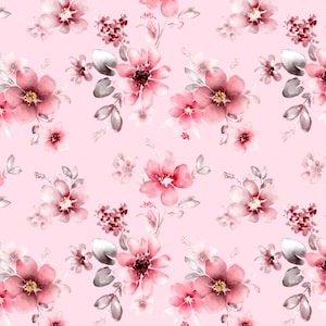 Könnte beinhalten: Ein nahtloses Muster aus Aquarellblumen in Rosa- und Rottönen auf hellrosa Hintergrund. Das florale Design zeigt Blüten in verschiedenen Größen mit grauen und braunen Blättern und Akzenten.
