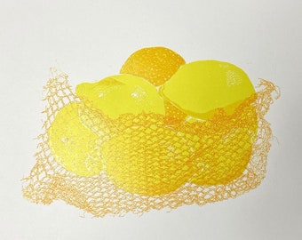 Fruit arrangement-Citrus fruits-Original Lino print-Lemons-Fruit arrangement-Fruit Basket-Wall Art