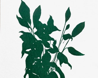 Plant Silhouette-Coloured Lino Art Print -House Plant-Botanical Art-Original Print