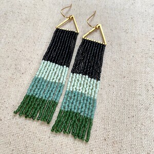 Color Swatch in Green, fringe seed bead earrings, boho, beaded