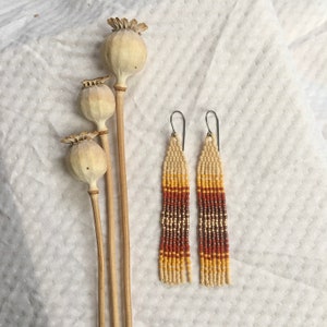 Seed Bead Fringe Earrings long red, yellow, gold, cream, boho