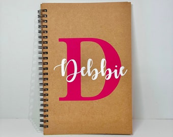 Personalised notebook - a5 , lined , spiral , over 30 colours available , initial and name , stationary , gift idea