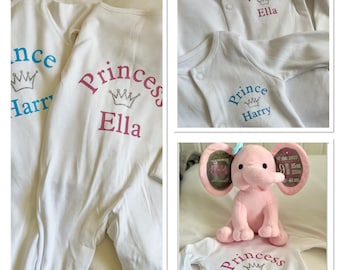 Personalised baby sleepsuit , princess and prince , many colours available