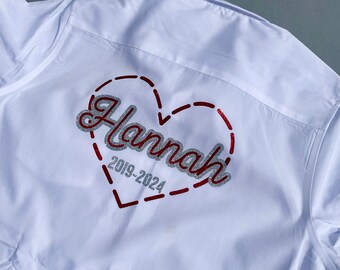 School leavers shirt , heart , many colours available , personalised , college , secondary , primary , gift, keepsake, love heart, glitter