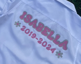 Leavers shirt , flowers , iron on , yr6 , college , yr 11 leavers , personalised , many colour option ,many sizes available