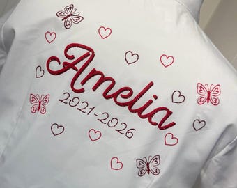 Leavers shirt, butterfly and hearts, pink , iron on, yr6, college, yr 11 leavers , personalised , many colour option ,many sizes available
